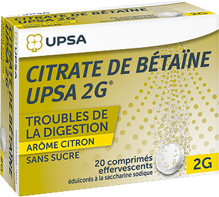 Citrate de betaine citron upsa 2 g sans sucre, comprimé effervescent édulcoré à la saccharine sodique