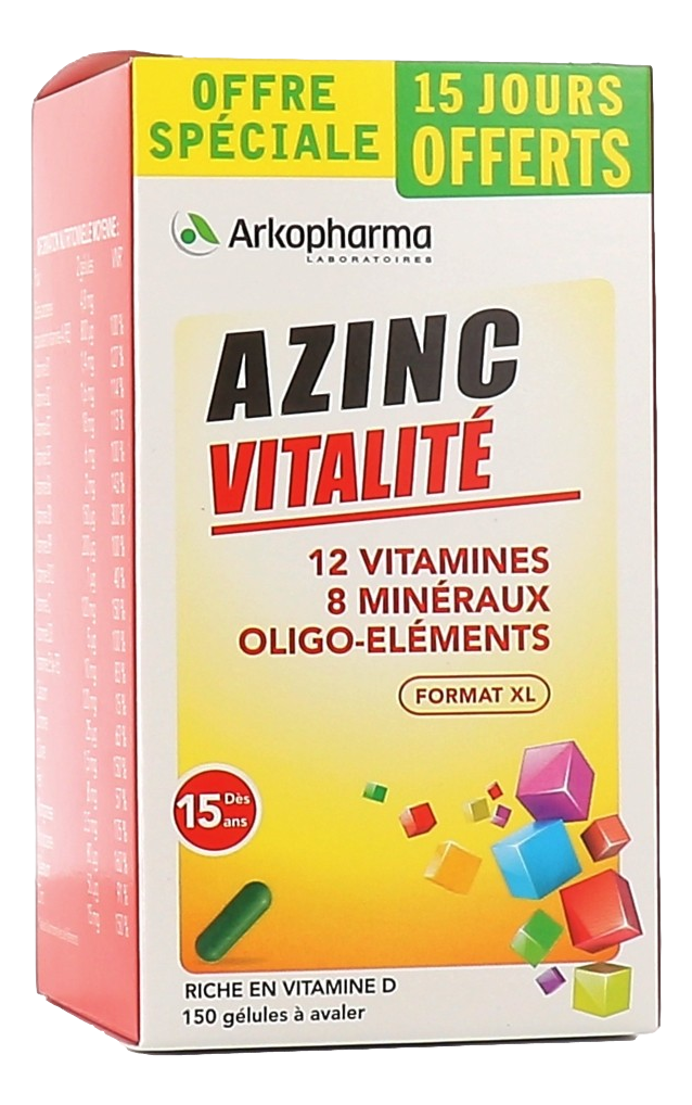 Vitalite 150 Gelules Azinc Arkopharma Azinc® Vitalité gélules a été tout spécialement formulé pour répondre aux besoins des adultes et des adolescents dont le rythme de vie très actif peut conduire au surmenage, et à des états de fatigue et de déséquilibr
